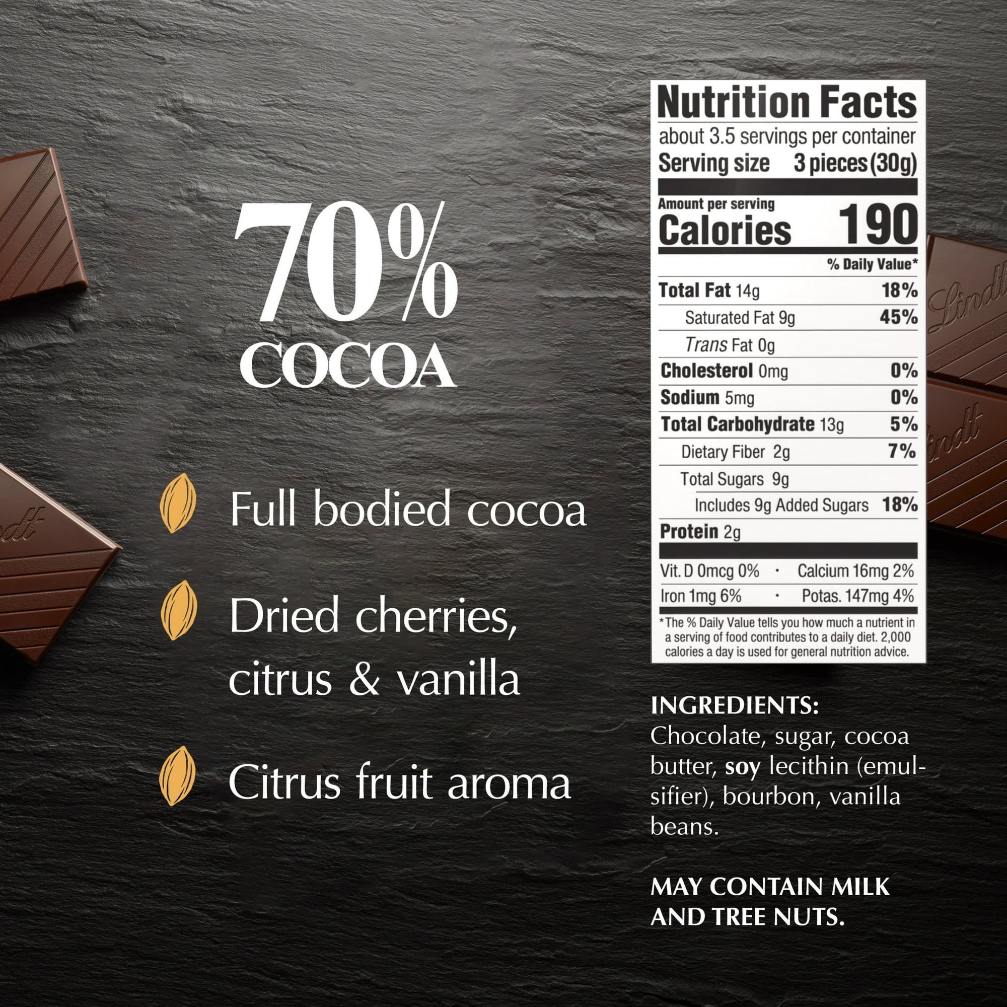 Lindt Excellence, Dark Chocolate, 70% Cocoa, Candy Bar, 3.5 oz, Bar pack of 3