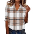 thumbnail image 5 of Bbyeadc Blouses for Women Casual 3/4 Length Sleeve Plaid Print Blouse V-Neck Collared Breathable Tops Work Vacation Tee,Khaki(XXL), 5 of 6
