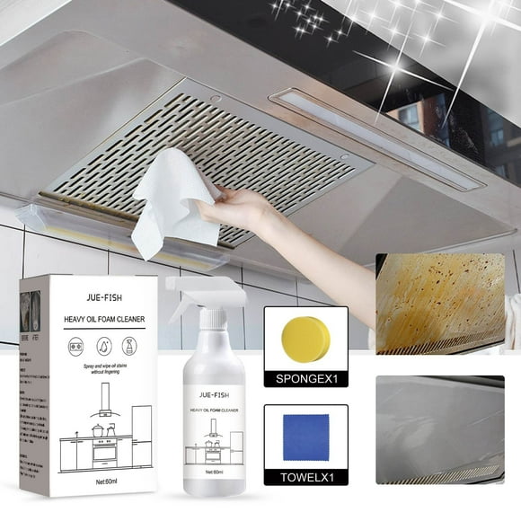 Limpiador espumoso para aceite pesado | Limpiador de superficies para cocina, coche, baño | Removedor de grasa para acero inoxidable | Descontaminación rápida | 60 ml + esponja + paño | Multiuso