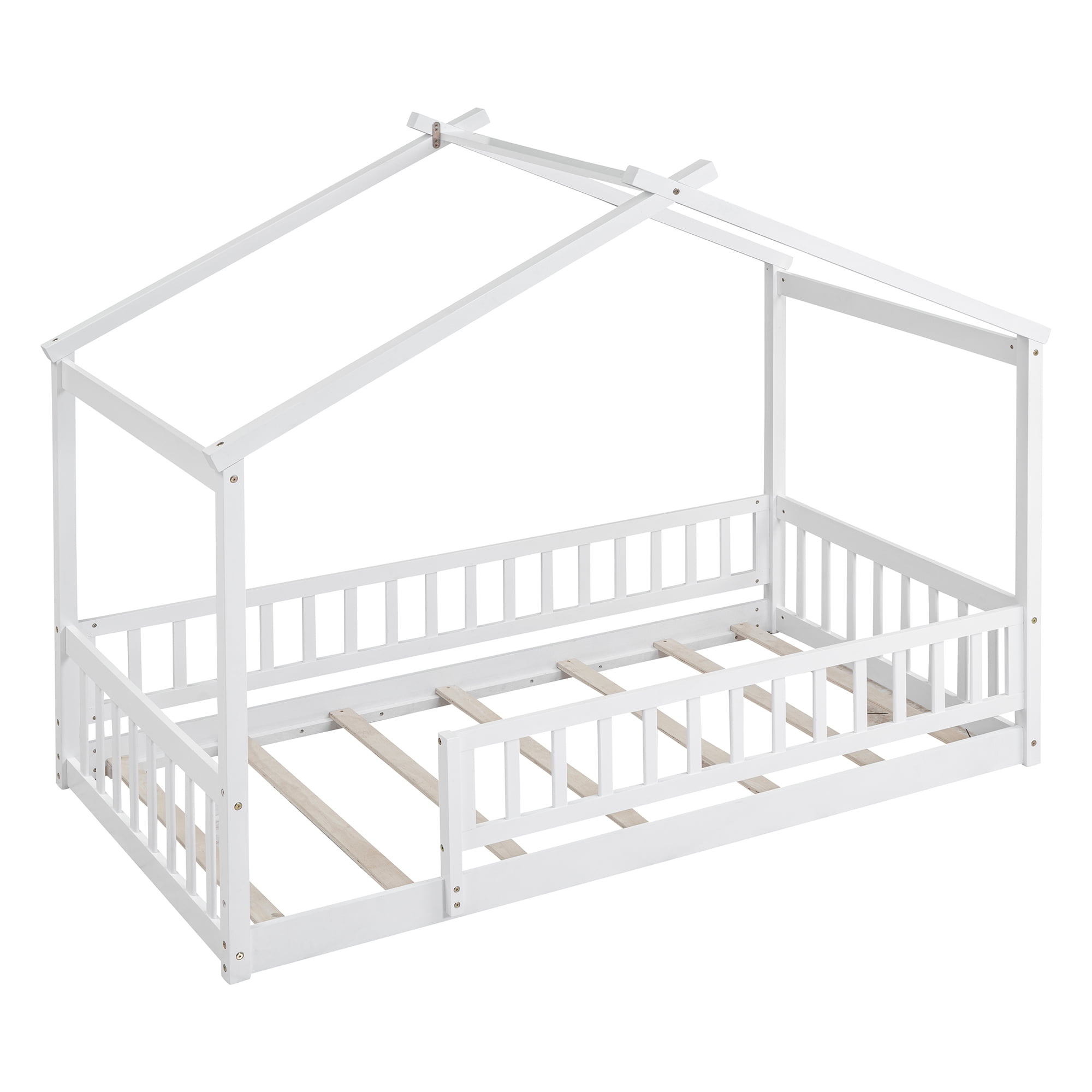 Twin Size Floor Bed with Fence Railings,Wooden Montessori House Bed Frame with Roof Design and Fence Guardrails,Playhouse Bed Low Bed Frame for Girls Boys Bedroom,Easy Assemble,White