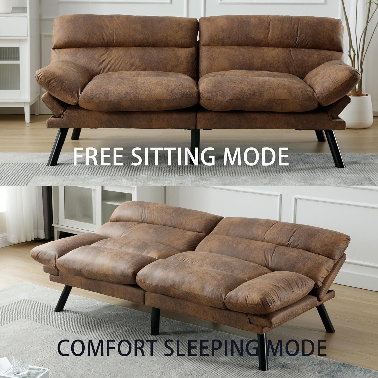 AENKYO Futon Loveseat Sofa Bed 2-Seater, Adjustable Backrest Convertible Sleeper - Brown