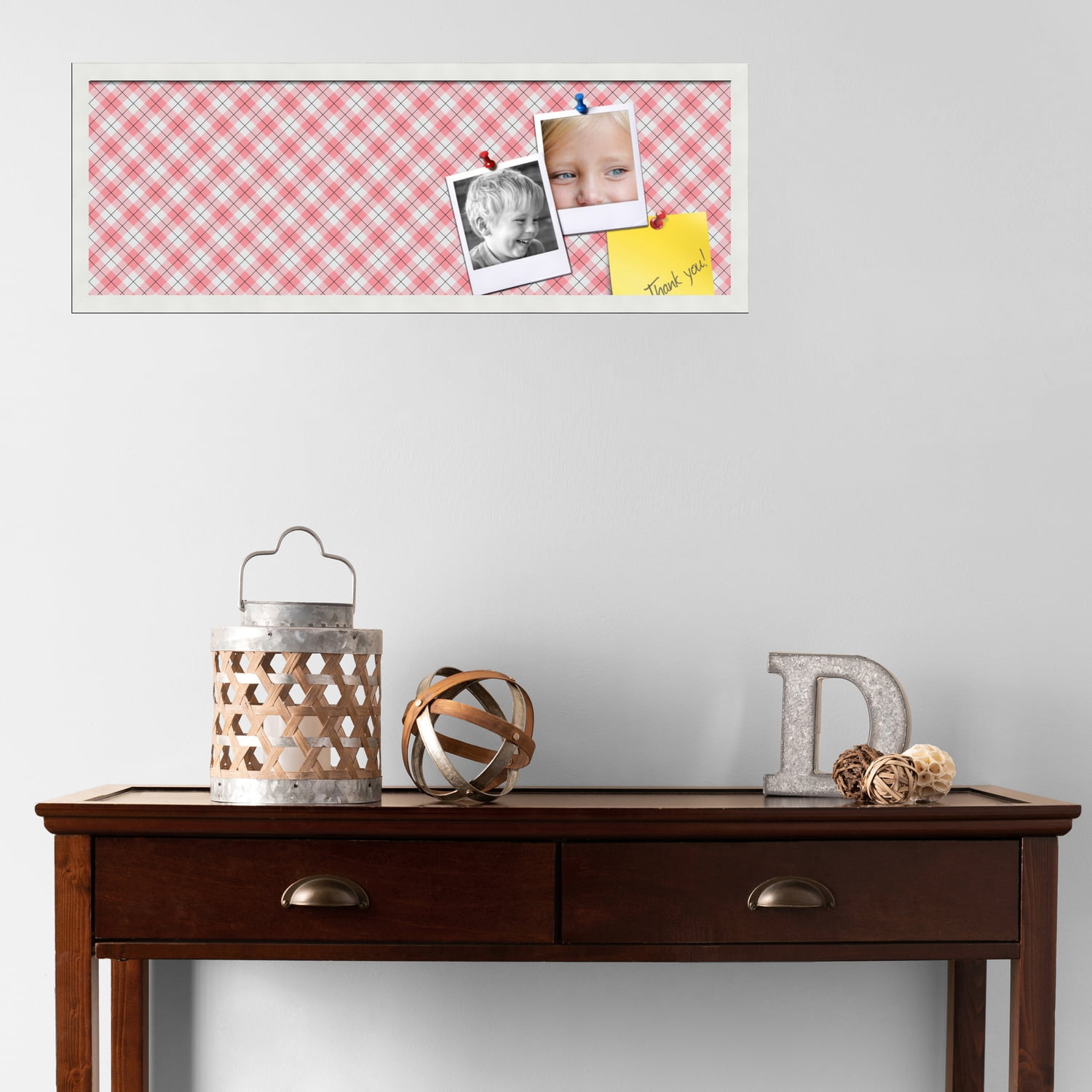 PinPix ArtToFrames 34x10 Custom Cork Bulletin Board Argyle Light Pink   Poster Board Has a Fabric Style Canvas Finish, Framed in Satin White Frame (PinPix-649)