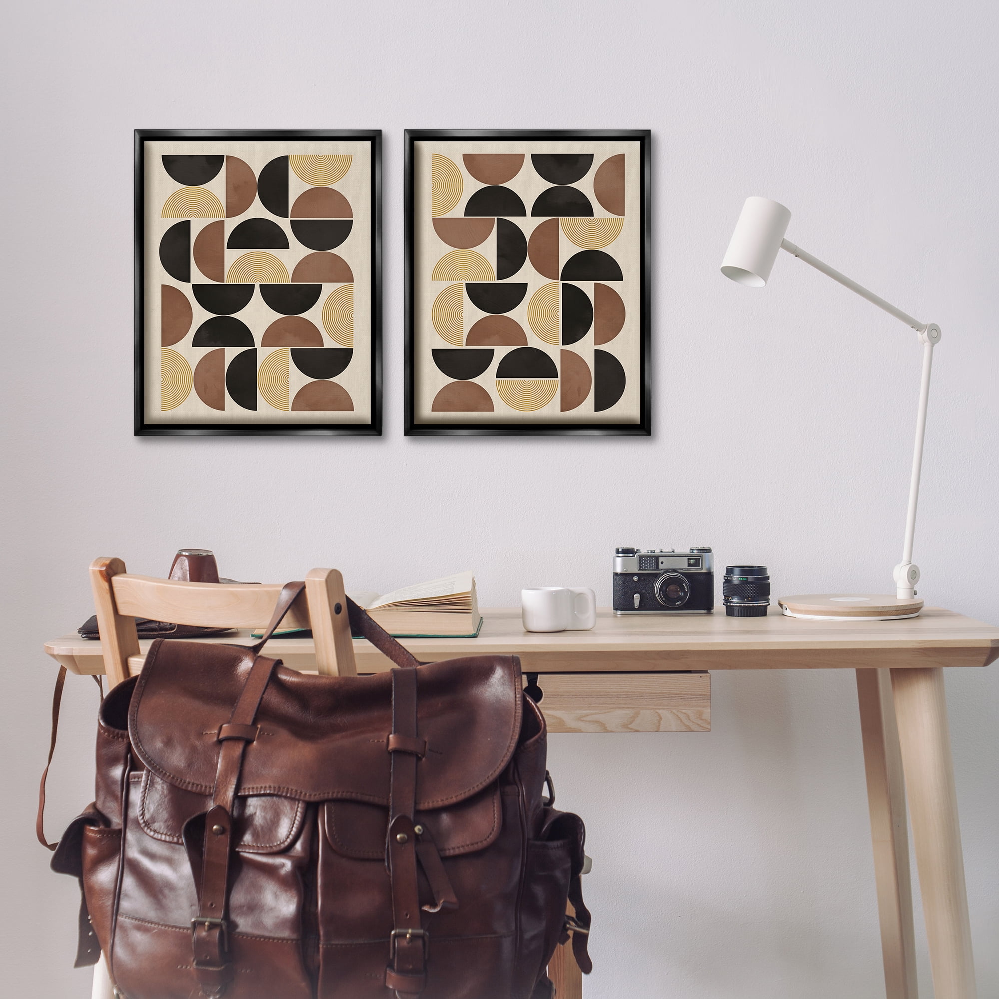 Stupell Industries Midcentury Geometric Semicircles Abstract Painting Black Floater Framed Canvas Art Print Wall Art, 17 x 21, Set of 2