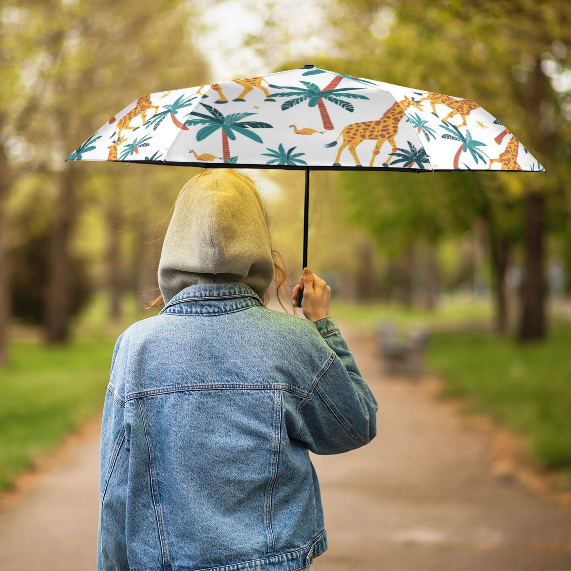 ALAZA Giraffes Palm Tree UPF 50+ Compact Folding Umbrella for Rain Travel Umbrella Packable