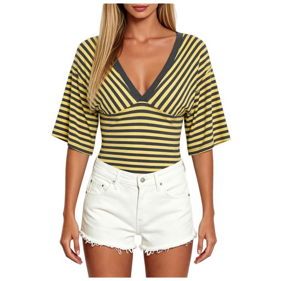 vigerkar Women Y2K Striped V Neck Cinched Waist Tops Batwing Sleeve Backless Shirt | Short Sleeve Ruched Crop Tops, Open Back Fitted Tee Shirt, Summer Going Out (Yellow, XL)