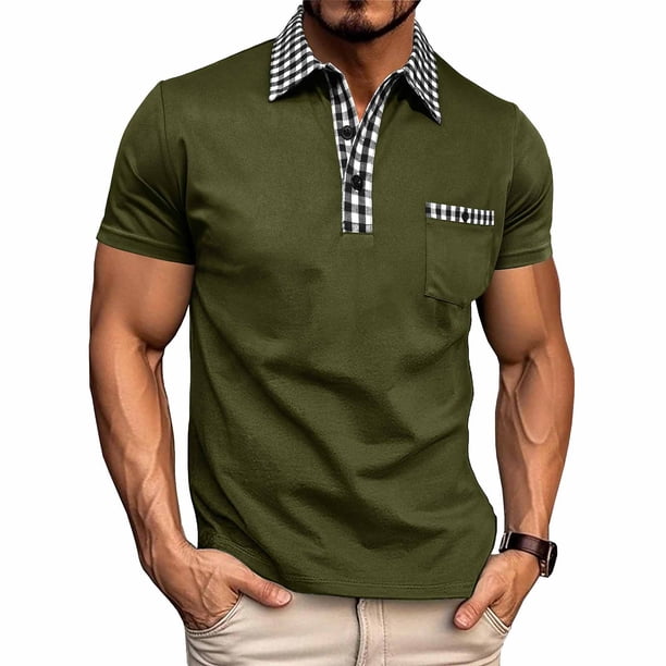 Ceisia Men's Slim Fit Short Sleeve Turndown Collar Shirt with Gingham Contrast Trim and Chest Pocket Army Green S Gifts