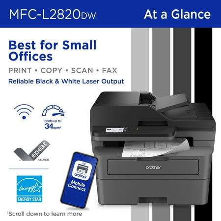 Brother - MFC-L2820DW Wireless Black-and-White Refresh Subscription Eligible All-In-One Laser Printer - Gray