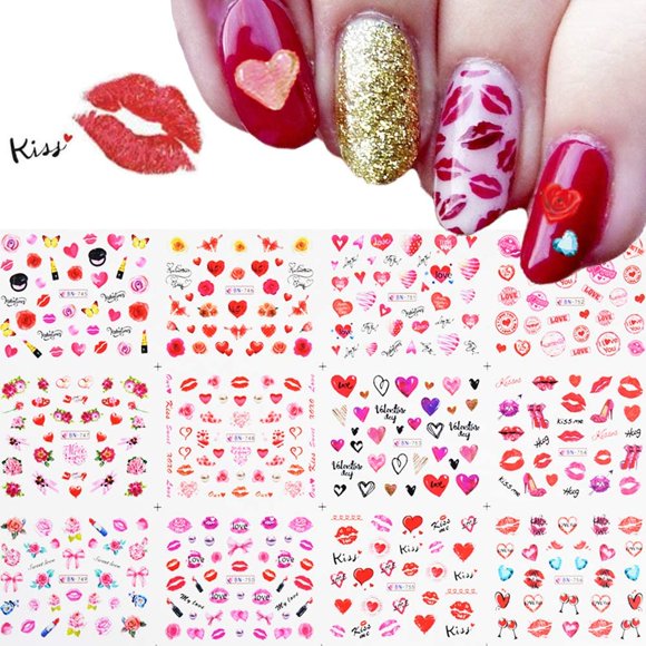 Calcomanías de uñas para el día de San Valentín, 12 hojas de corazón, rosa, amor, labios sexys, lápiz labial, arte de uñas de San Valentín, pegatinas de tatuaje, decoración de uñas DIY para mujeres y