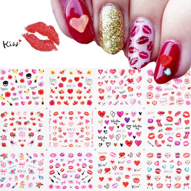 Calcomanías de uñas para el día de San Valentín, 12 hojas de corazón, rosa, amor, labios sexys, lápiz labial, arte de uñas de San Valentín, pegatinas de tatuaje, decoración de uñas DIY para mujeres y