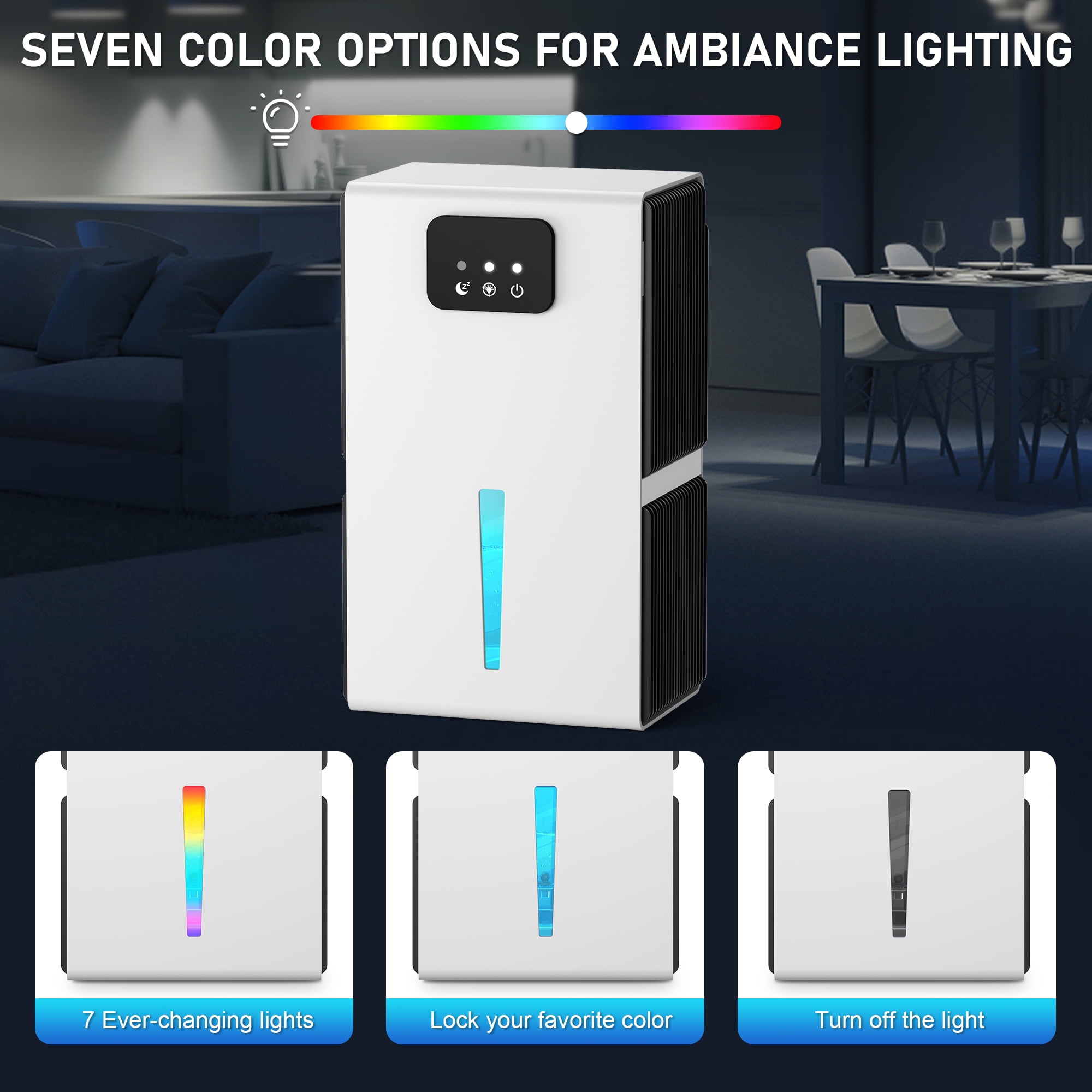 EGEH Dehumidifiers for Home, 62 OZ Dehumidifier for Room with Auto Shut Off, Sleep Mode (800 sq. ft) Portable Dehumidifier for Bathroom, Bedroom, Basement, RV, 7 Colors LED Light, White
