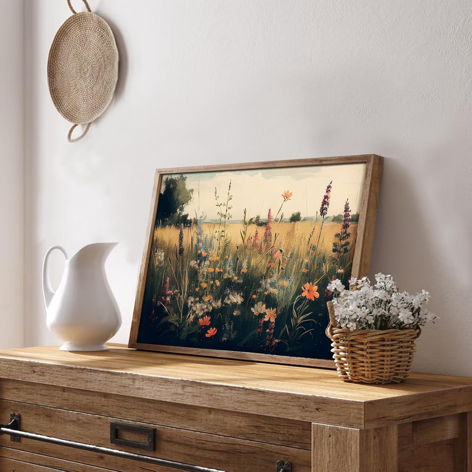 Vintage Wall Art, Classical Wildflower Field Wall Painting Canvas Prints Farmhouse Wall Art French Country Wall Decor Vintage Landscape Art Pictures for Bathroom Kitchen Decor