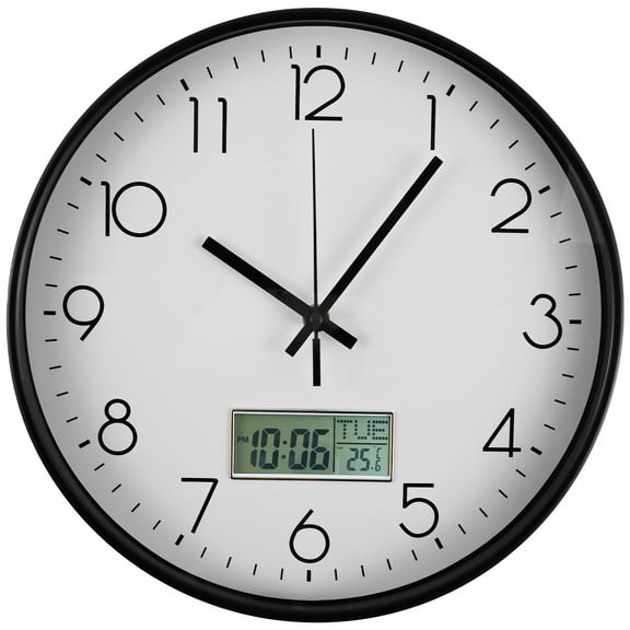 Wall Clock 11.6" Dial Non-Ticking Silent Battery Operated Analog with LCD Display for Perpetual Calendar and F° Temperature Ideal Modern Home, Bedroom Kitchen Office Decor