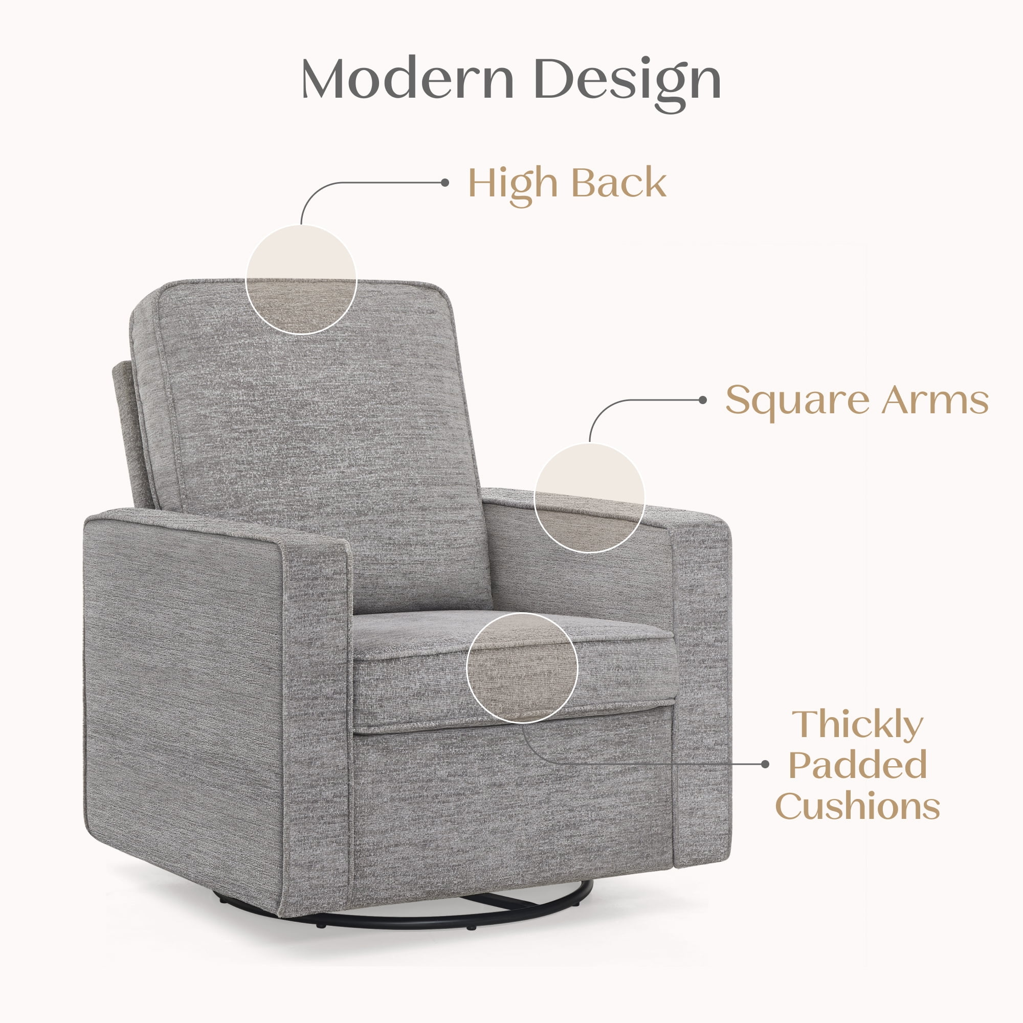 Delta Children Noah Upholstered Swivel Glider with Stain-Resistant Performance Fabric- Greenguard Gold Certified, Frost Grey