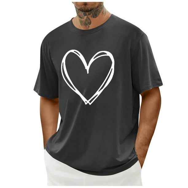 Tops para hombre, blusas y camisas de cuello redondo y manga corta para hombre. Camiseta/camisa informal de cuello redondo y manga corta con estampado de corazones para hombre. Tops de poliéster para