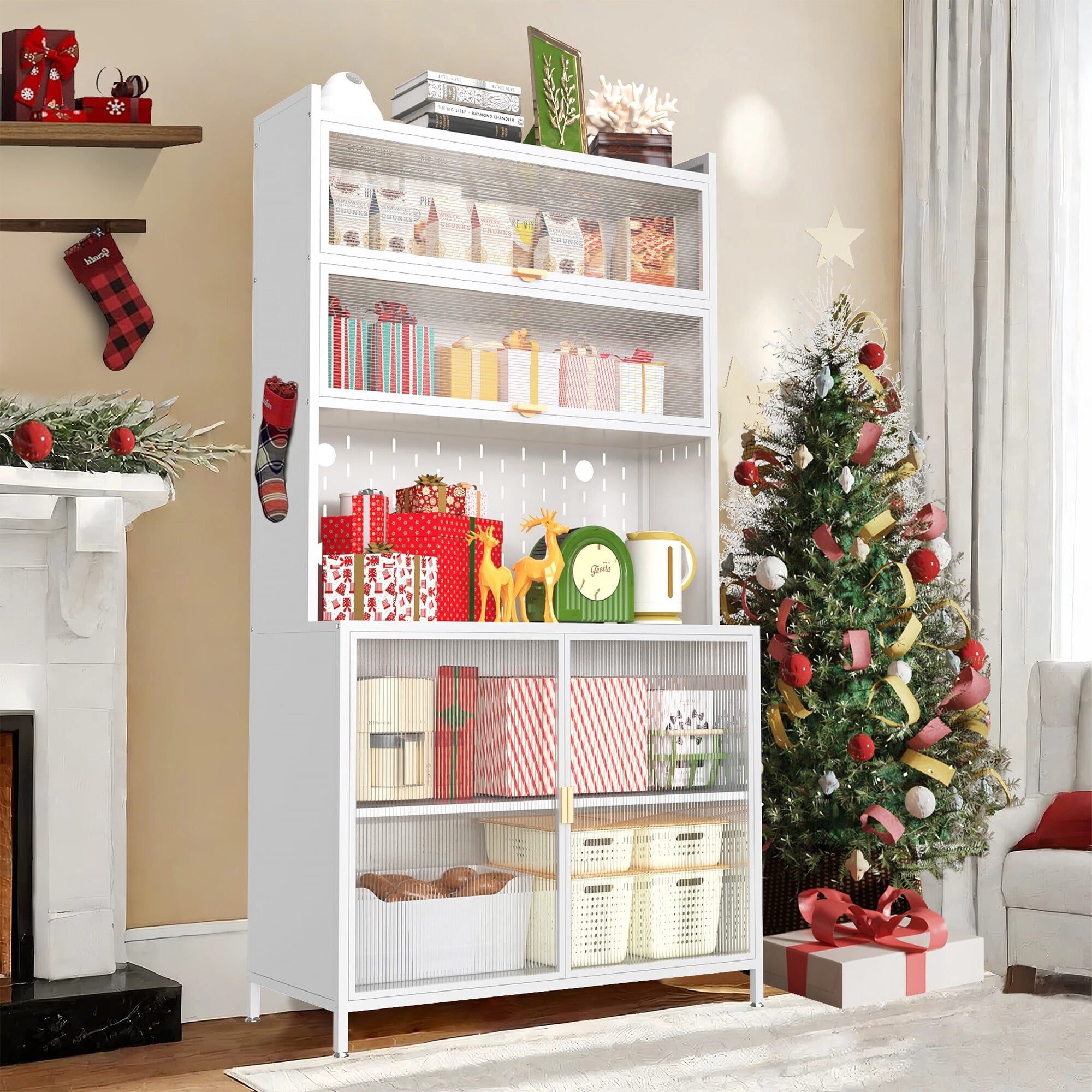 AENKYO 73" 6-Tier Metal Kitchen Pantry Cabinet with Acrylic Flip Doors, Steel Food Storage Organizer Hutch, White