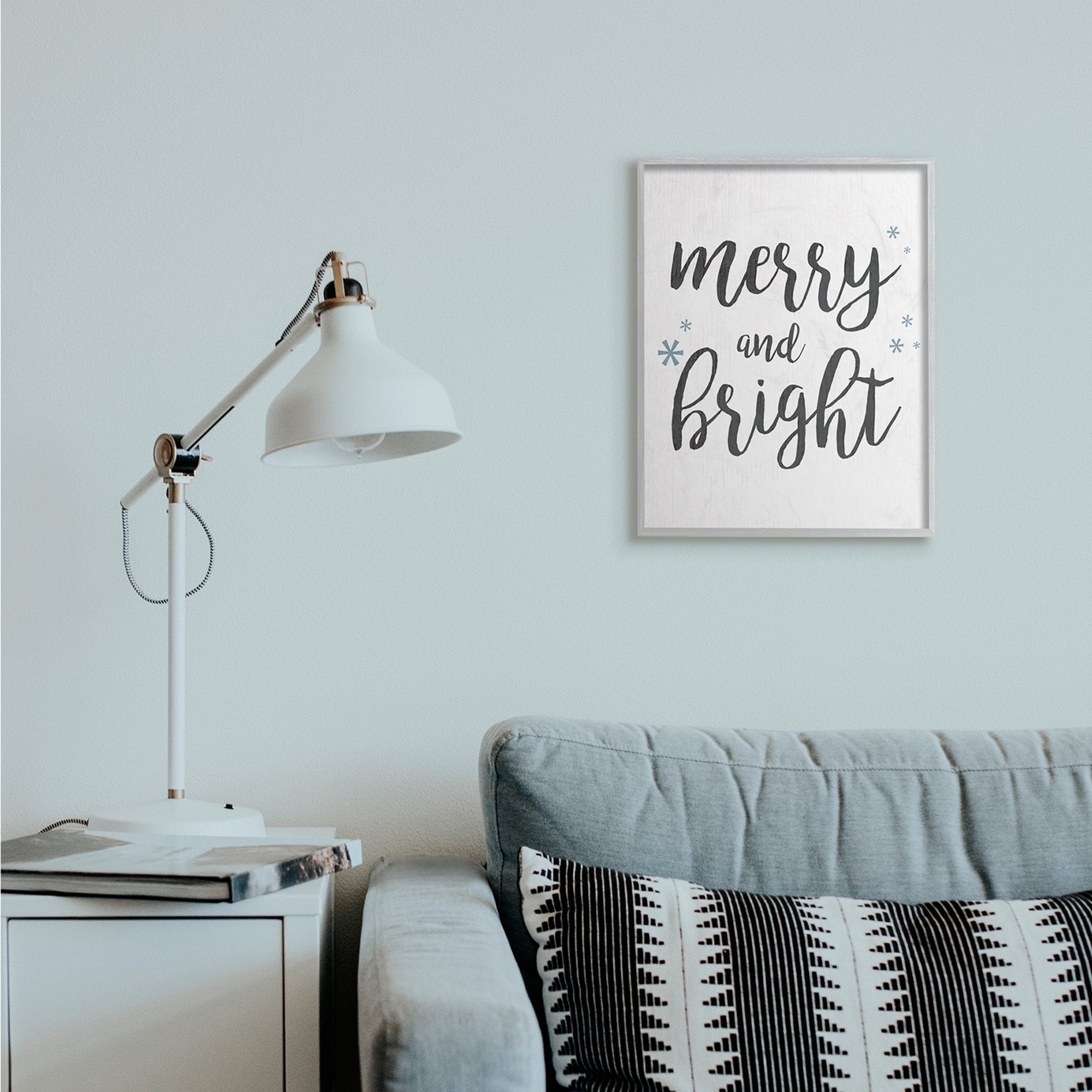 Stupell Industries Festive Merry and Bright Winter Phrase Snowflakes Holiday Painting Gray Framed Art Print Wall Art, 16 x 20
