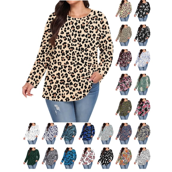 Womens Cute Tops Women Plus Size Round Neck Long Sleeves Loose Fashion Tops Khaki XXXXXL
