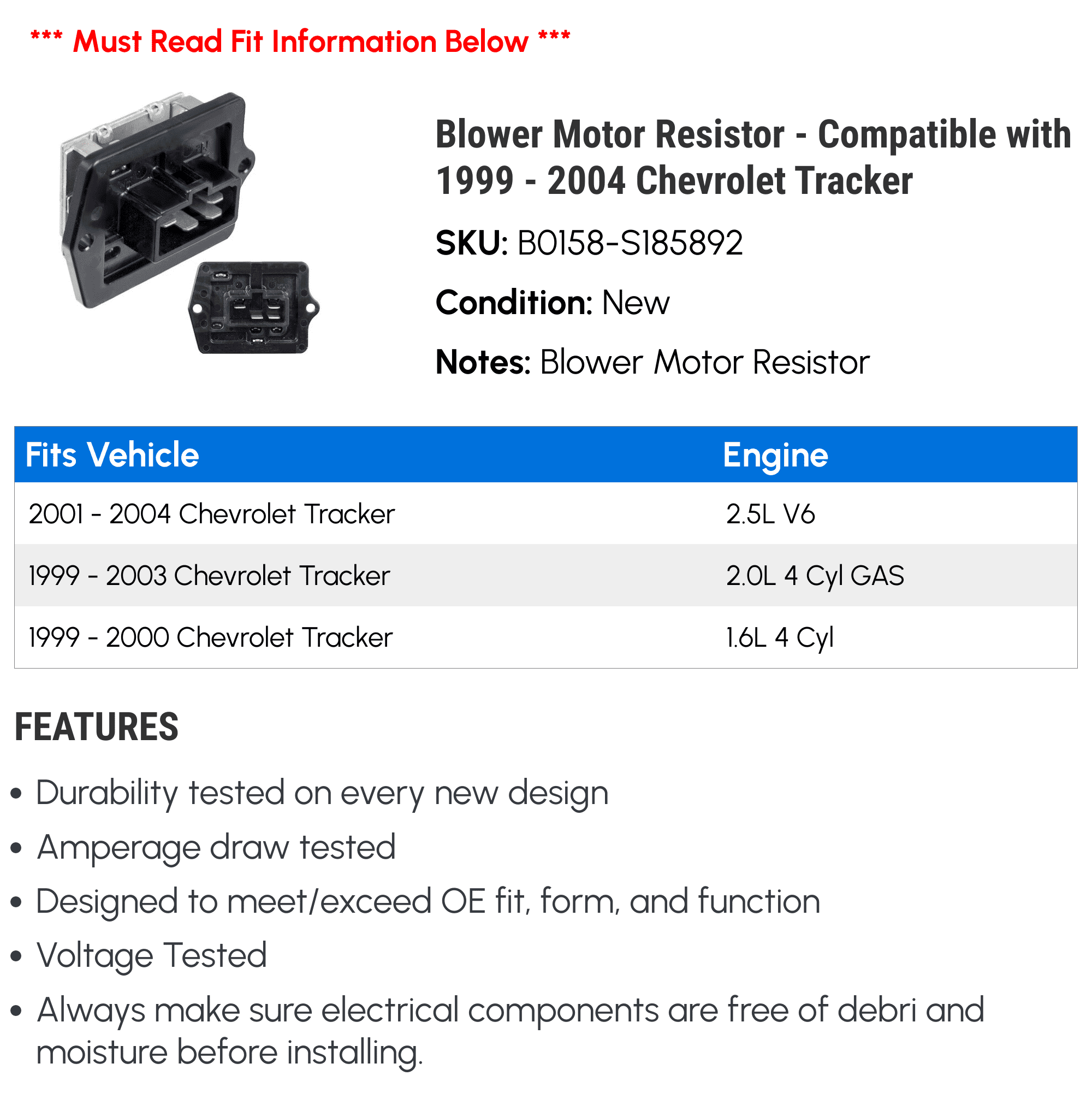 Blower Motor Resistor - Compatible with 1999 - 2004 Chevy Tracker 2000 2001 2002 2003