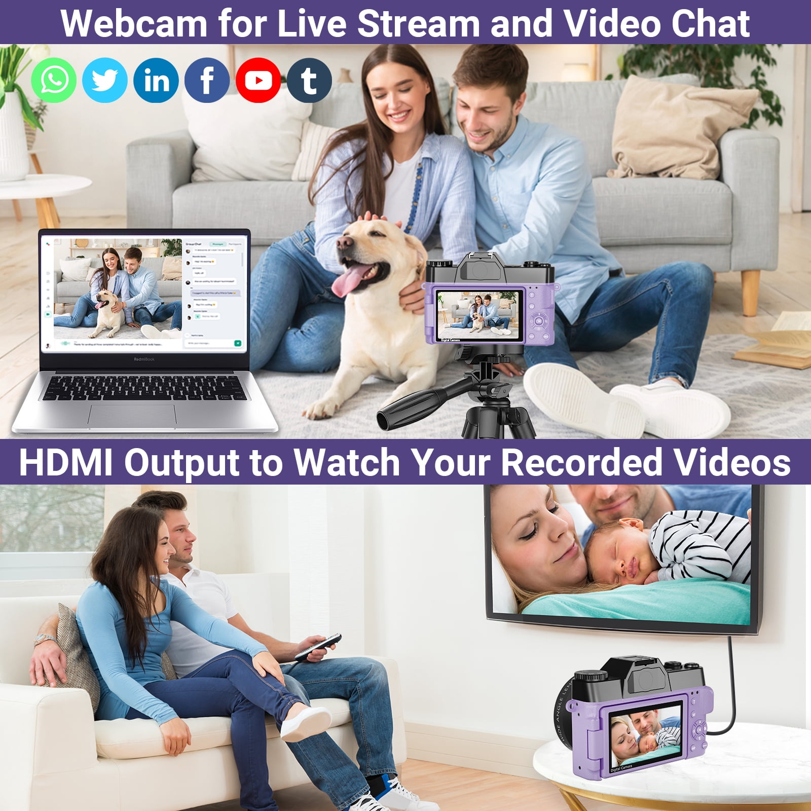 Saneen Digital Camera 6K 64MP Wifi Vlogging Cameras for YouTube 3''180° Flip Screen 16X Zoom 32GB SD Card 52mm Lens Purple
