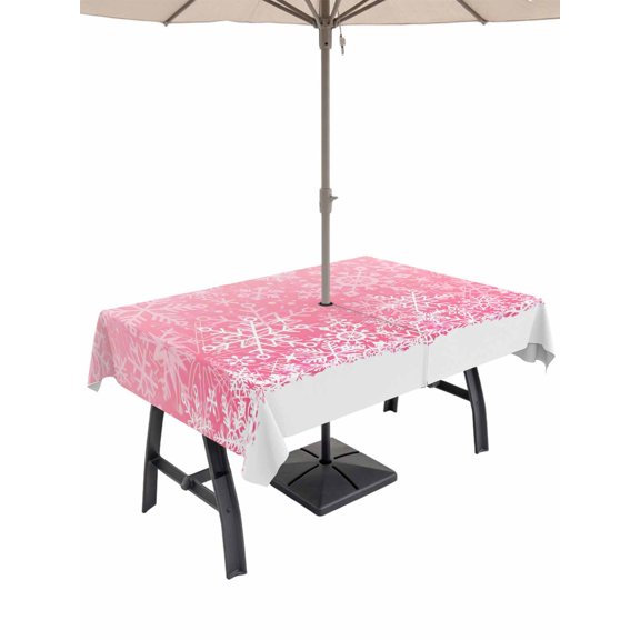 Outdoor Tablecloth with Umbrella Hole and Zipper, Pink Snowflakes Christmas Rectangle Table Cloth 60x84 Inch Waterproof Tablecloth, Winter Holiday Xmas Snowflake Picnic Table Cover for Patio Camping