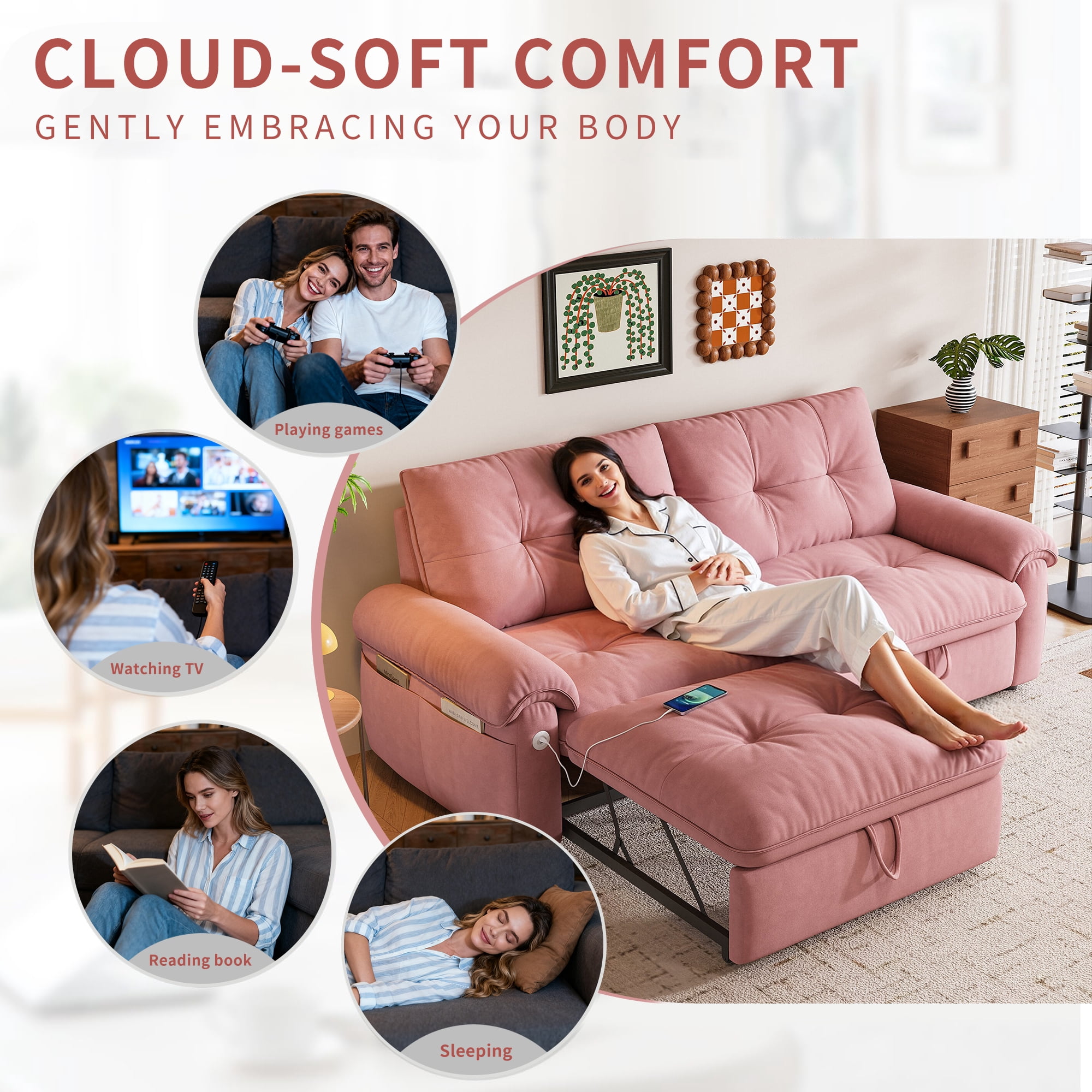 AISWORD 77"W Convertible Sleeper Sofa Bed,Velvet Pull-Out Loveseat Sofa Couch with USB Charging Port & Side Pockets,Modern Living Room Furniture for Small Spaces,Pink