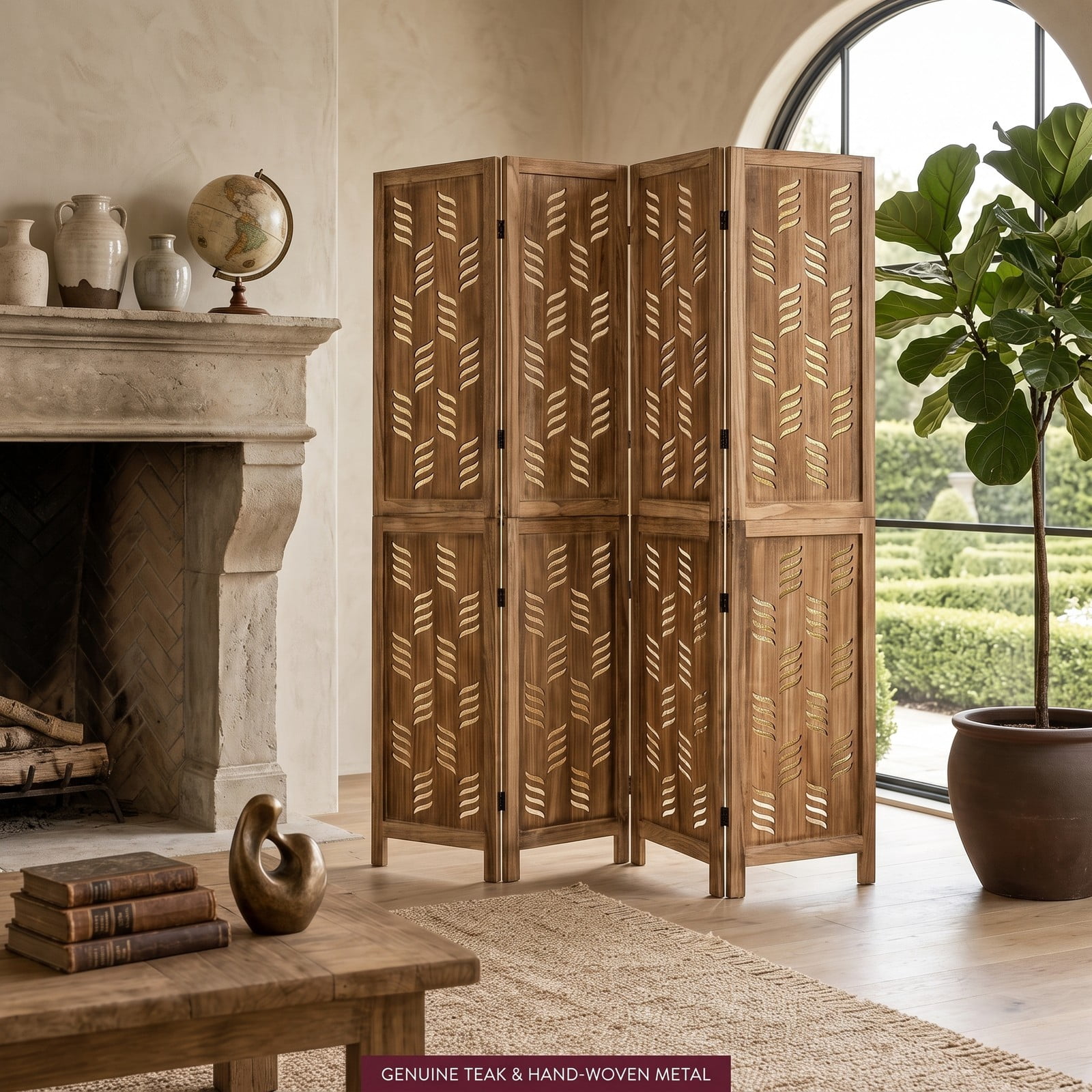 ALPULON 4-Panel Room Divider 5.5 FT Tall Folding Privacy Screen with Wave Cutout and Paulownia Wood Frame for Living Room Bedroom Office, Brown White