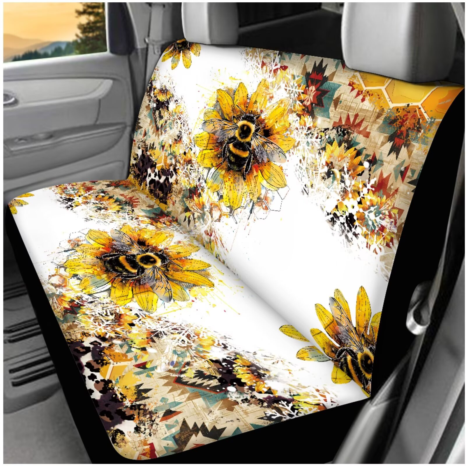 HUIACONG Floral Bohemian Car Seat Covers Full Set with Steering Wheel Cover Arm Rest Cover Seatbelt Covers Cup Holder Headrest Covers Keychain 14 Pcs Car Accessories Interior Universal Fit