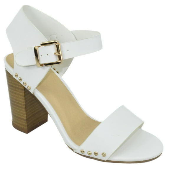 Delicious Women Thick Block Chunky High Heels Ankle Strap Open Peep Toe Studded Buckled Urkel-S White 5.5