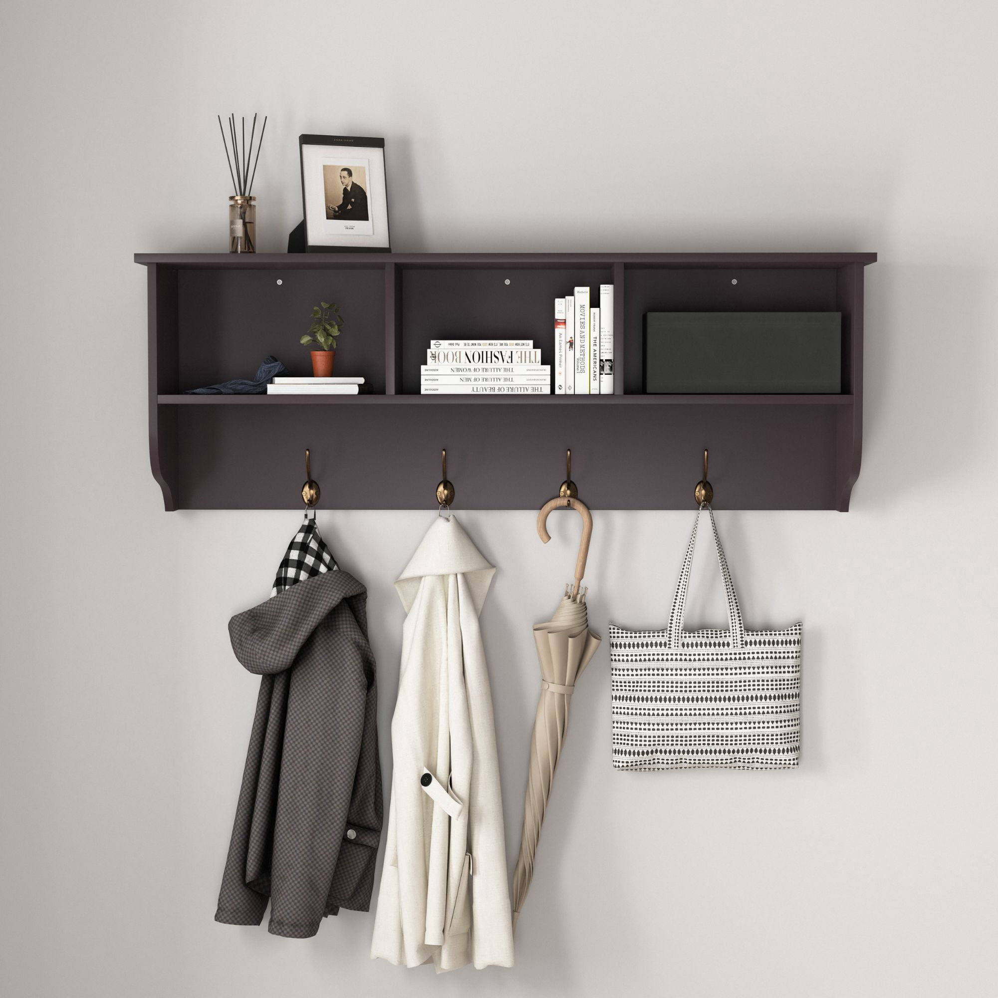 Noble House Wall Mounted Entryway Coat Rack with Storage Shelf and 4 Dual Hooks, MDF Wood, Espresso
