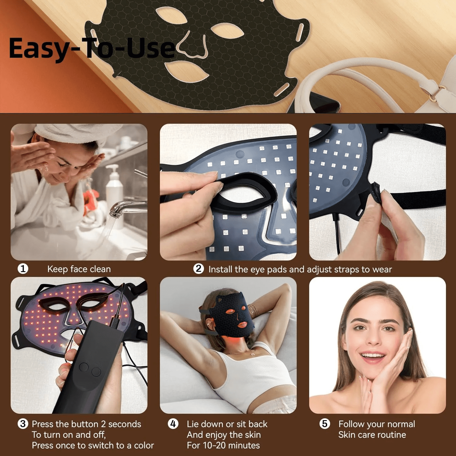 Multi-Spectrum LED Facial Light Mask for a Radiant Glow, Soft Silicone Beauty Device with Red & Blue Light for Skin Care Support, Cordless & Travel-Friendly