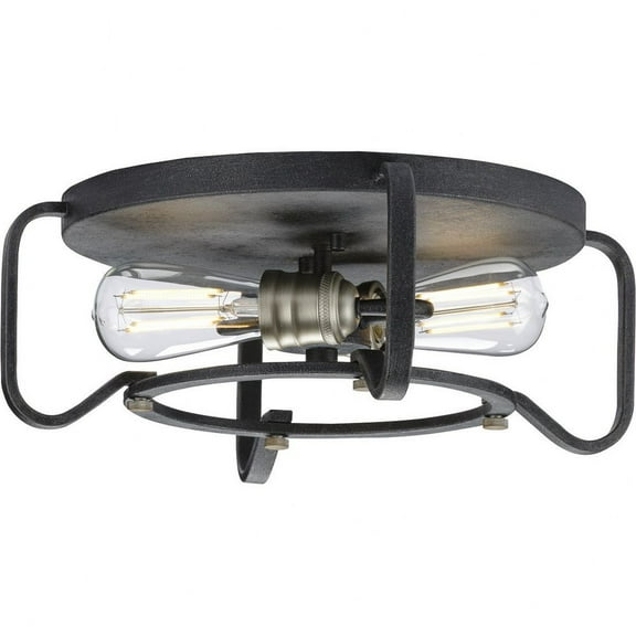 Progress Lighting Foster 2-Light Flush Mount, Gilded Iron, Steel, Vintage Industrial, Open Structure, Canopy Included