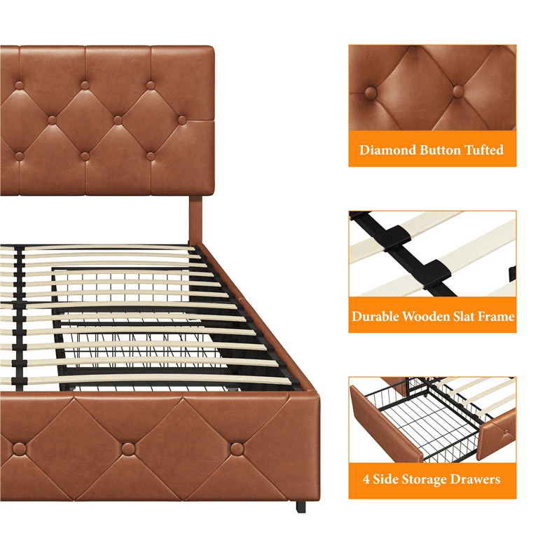 Yaheetech Queen Size Bed Frame with Adjustable Headboard and 4 Drawers  Storage,Amber Brown