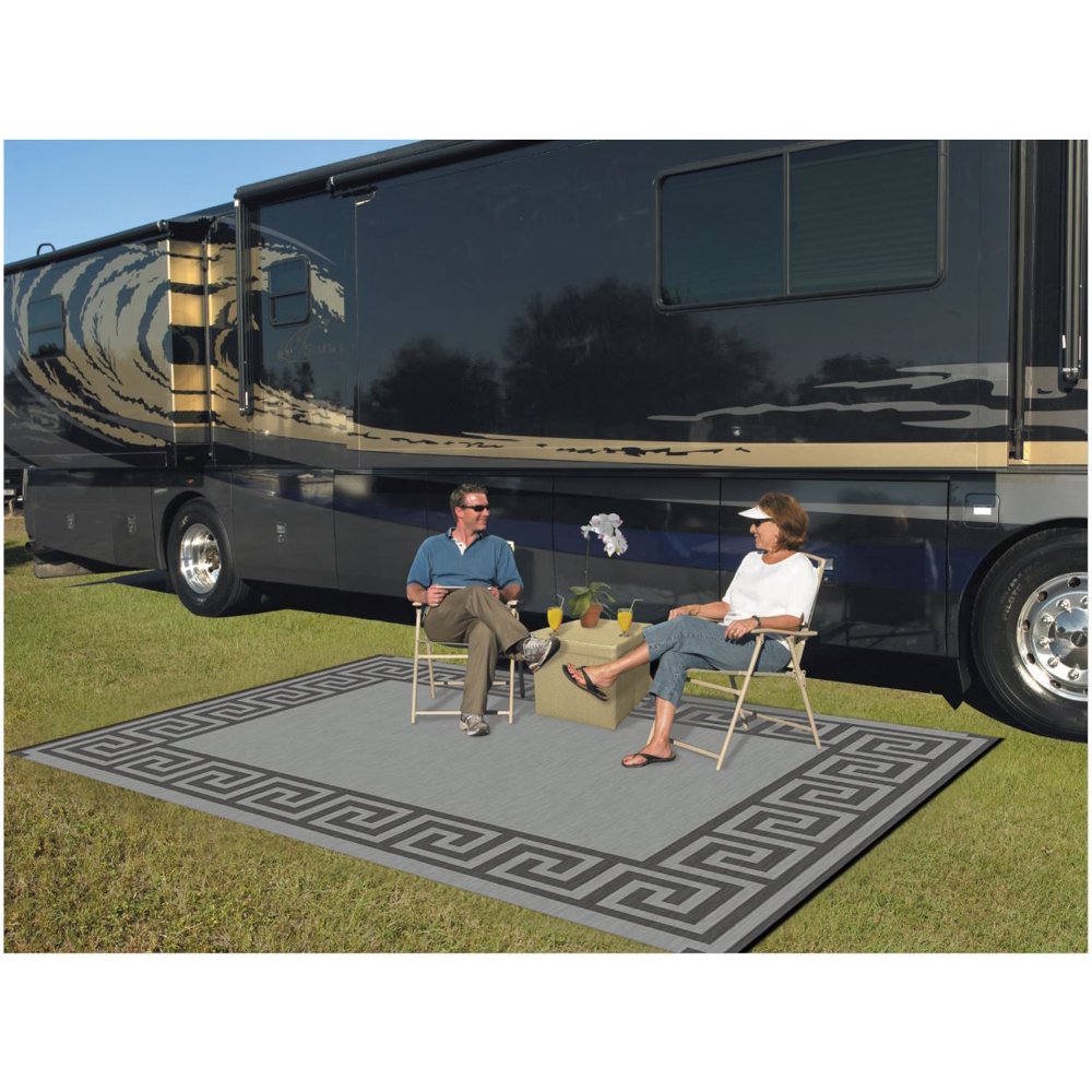 Patio Mats 9x12 Reversible RV Outdoor Patio Mat, Camping Mat, Greek Key, Gray
