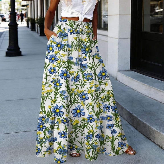 Jsaierl Women's Daisy Floral Print Tiered Maxi Skirt, Drawstring Waist Flowy Skirt with Pockets, Casual Bohemian Skirt for Summer Vacation