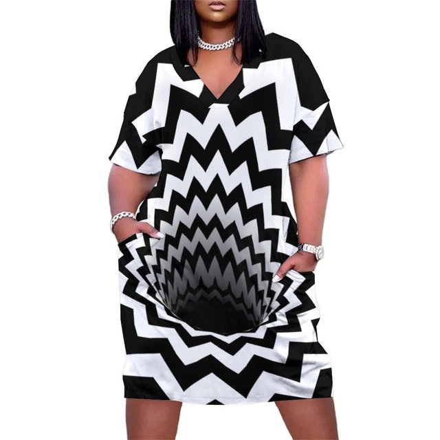 Vestido de novia con bolsillos sueltos, diseño de chevron óptico y negro (negro/blanco), vestido de verano para uso diario.