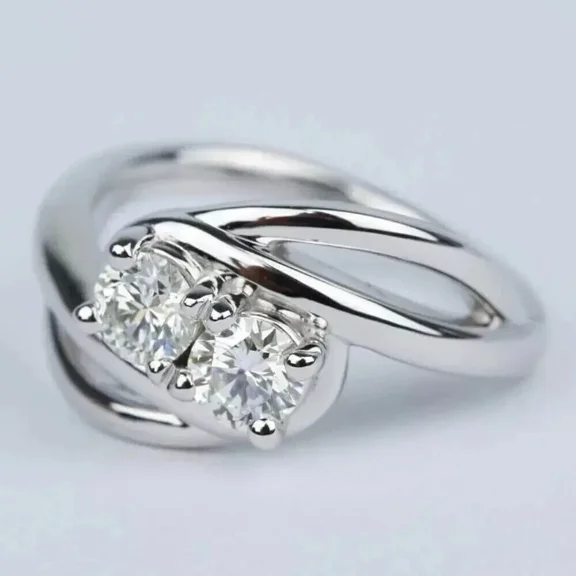 Engagement Ring Two Stone 2 Ct Round Cut White Moissanite 14K White Gold Plated
