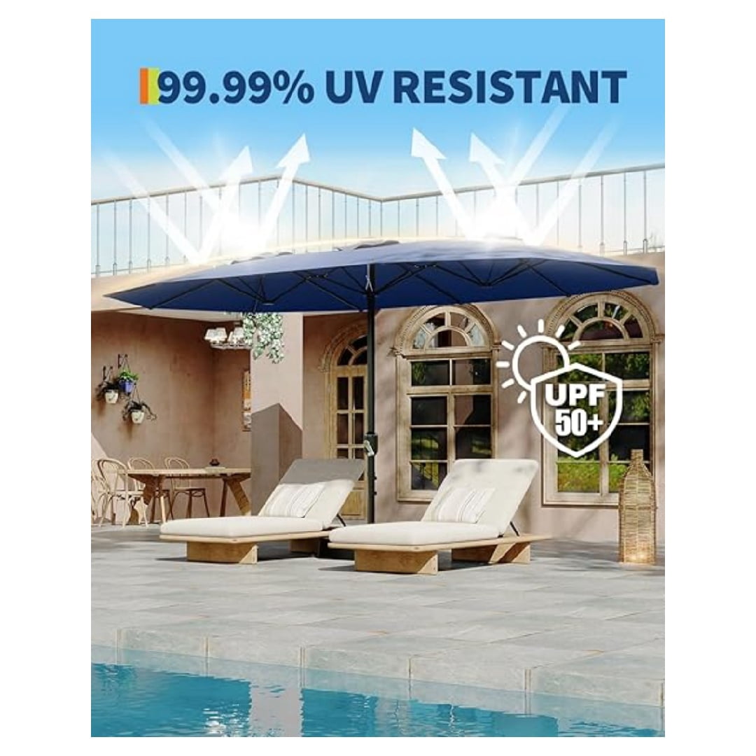 Heavy Duty 15FT Patio Umbrella with Weighted Base - Double-Sided Sun Shade for Outdoor Dining, Poolside, Backyard (Crank Handle, UV Blocking Fits 2-8 People)