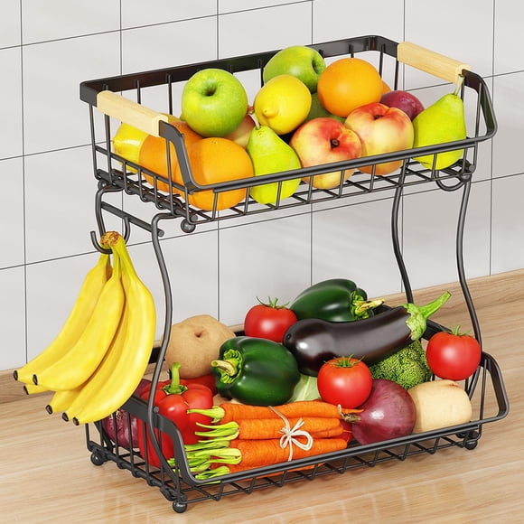 Cesta de fruta ANTOPY de 2 niveles con 2 perchas de metal para plátanos