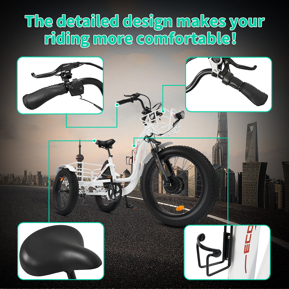 ECOTRIC 22.4AH Electric Tricycle Fat Tire for Adults with Basket, 750W 48V Battery, 3 Wheel Step-Thru E-trike White