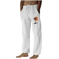 thumbnail image 3 of QATAINLAV Men’s Cotton Linen Beach Pants with Pockets Loose Fit Straight Wide Leg Pants Fashion Palm Trees Print Trousers Casual Drawstring Lounge Pants Prime Today White L, 3 of 5