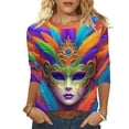 thumbnail image 2 of Mceream Mardi Gras Shirts for Women Bling Glitter Carnival Outfits 3/4 Sleeve Tunic Tops Funny Mask Graphic Tees Crewneck Vintage Mask Print Blouses Plus Size Multicolor XXL, 2 of 6