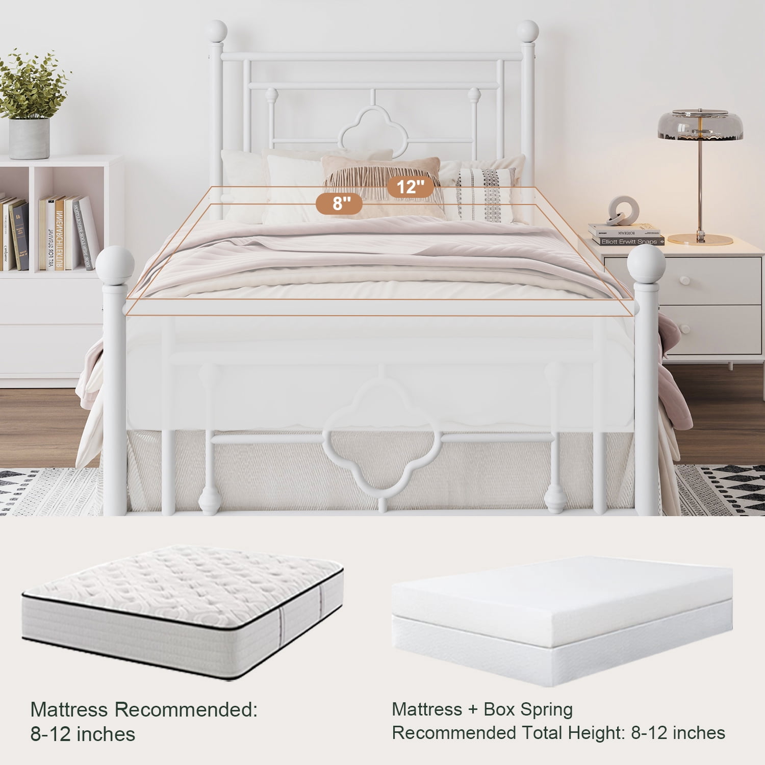 Amolife Twin Size Metal Platform Bed Frame with Vintage Cross Pattern Headboard&Footboard, White