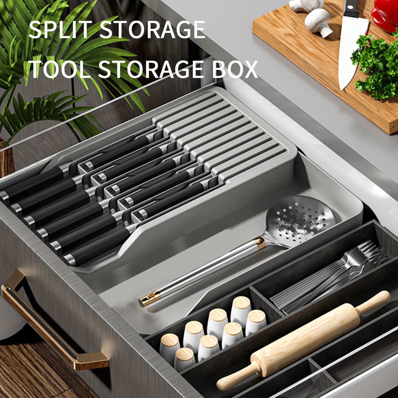 Drawer Organizer for Kitchen Utensils | 11-Knife Capacity Silverware Tray | Detachable Gray Plastic Storage Box (16.53x8.07x2.05 in)