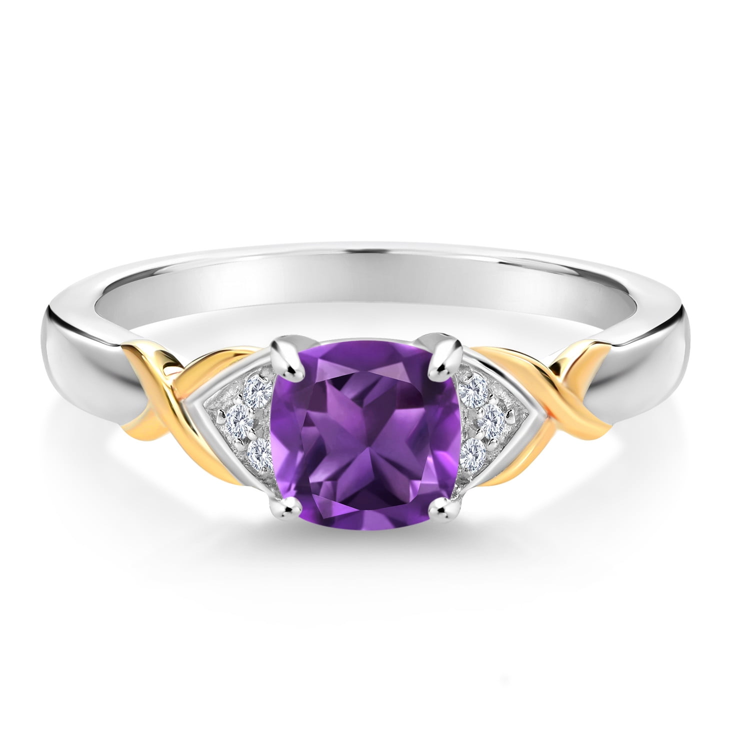 Gem Stone King 925 Sterling Silver and 10K Yellow Gold Purple Amethyst and White Lab Grown Diamond Engagement Ring for Women (1.00 Cttw, Cushion 6MM, Available in Size 5, 6, 7, 8, 9)
