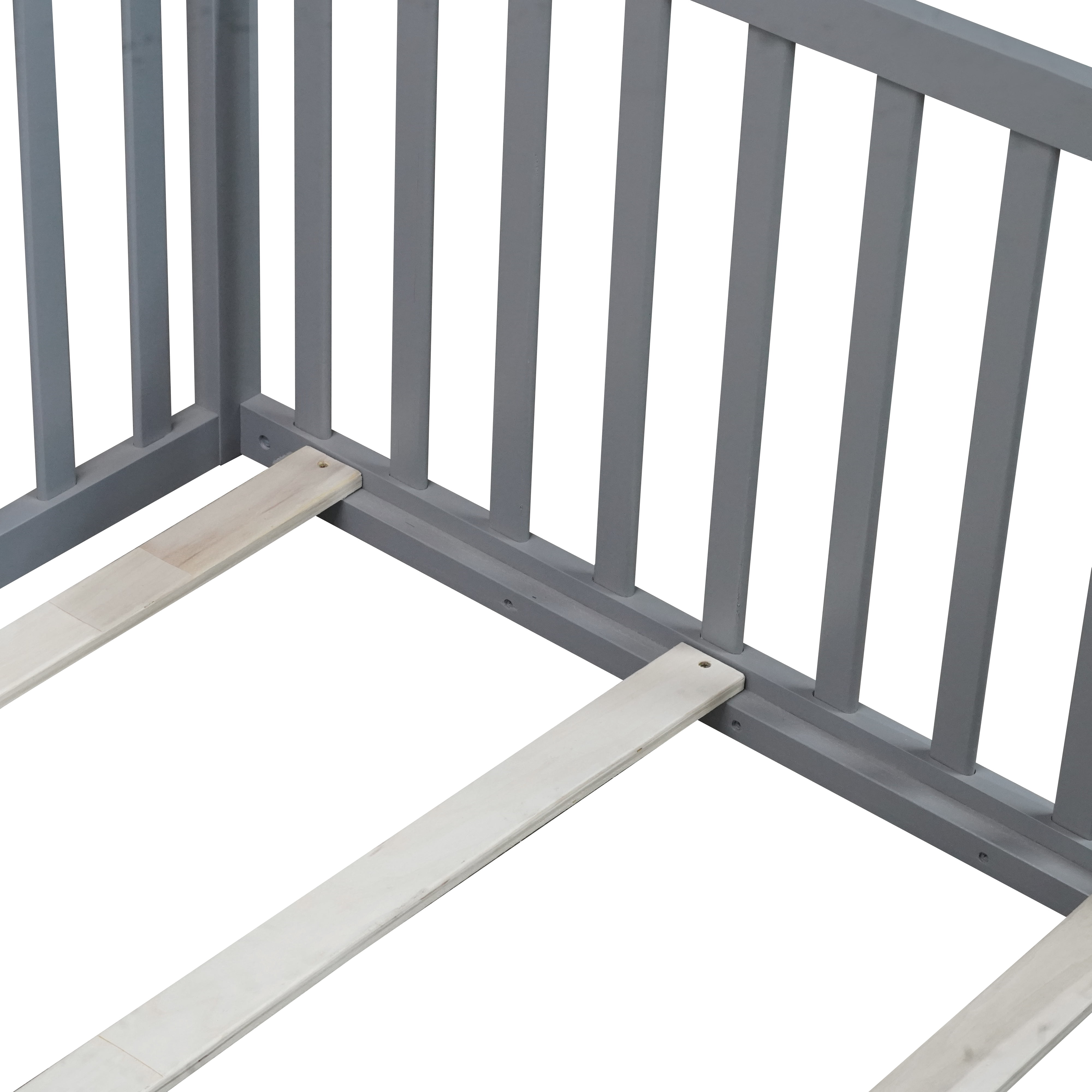 Sailvan Twin Floor Bed with High Fence Railings, Solid Rubber Wood Kids Platform Bed Frame Grey