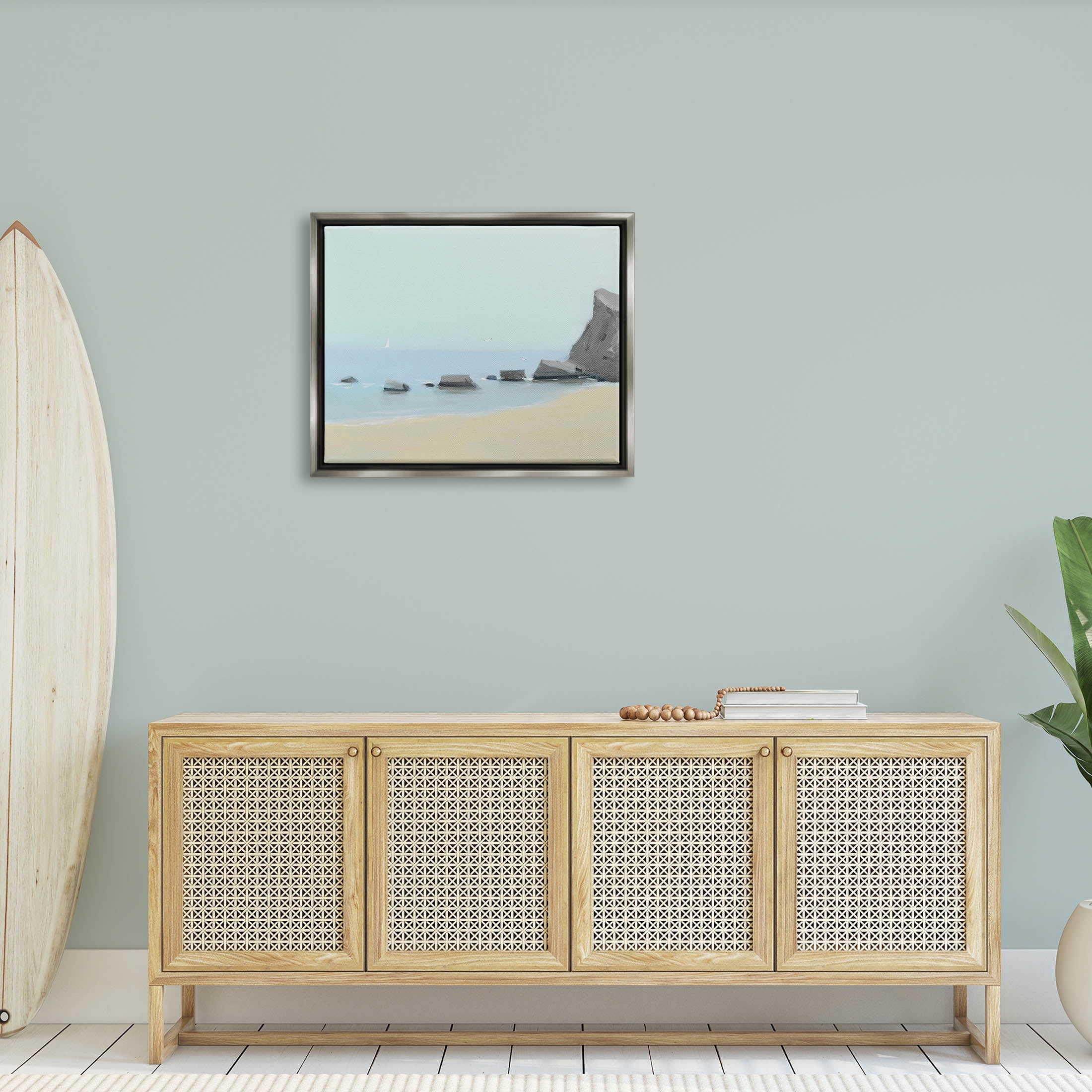 Calm Beach Shore Rocks Coastal Graphic Art Luster Gray Framed Art Print Wall Art