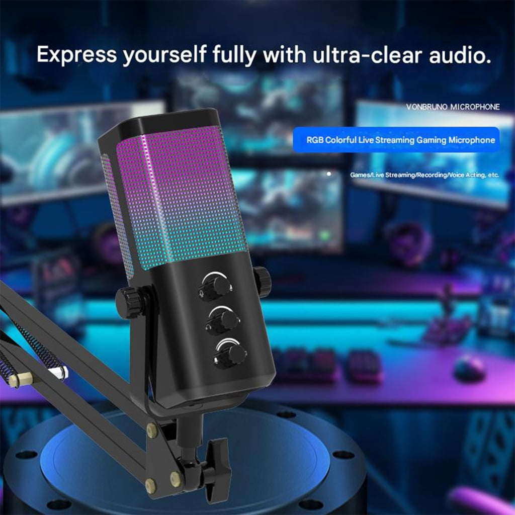 Jesscasday Studio Condenser Microphone Led Effects Metal Build Compatible for Streaming Podcast Setups Volumes Control Knob