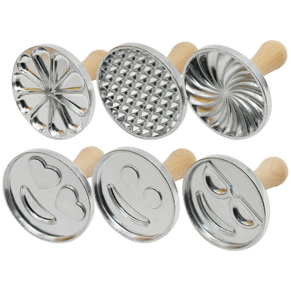 6 PCS Cookie Stamps for Baking, Geometric Shapes, Fun Emoji Designs with Natural Hardwood Handle, 3-inch Round Metal Cookie Press Mold for Cookies, Pastries, and Baking