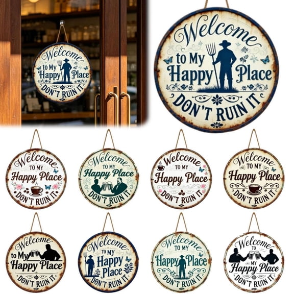 CoreLiving This Is My Happy Place Sign Metal Wall Decor, Funny Welcome Sign for Front Door, Decorative Signs and Plaques for Home Garden Patio Porch Outdoor Wall Art