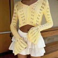 thumbnail image 2 of XPMWRP Women's Solid Color Crochet Cardigan Sweater Long Sleeve Button Hollow Out Lightweight V Neck Cropped Knit Cardigan Yellow M, 2 of 6